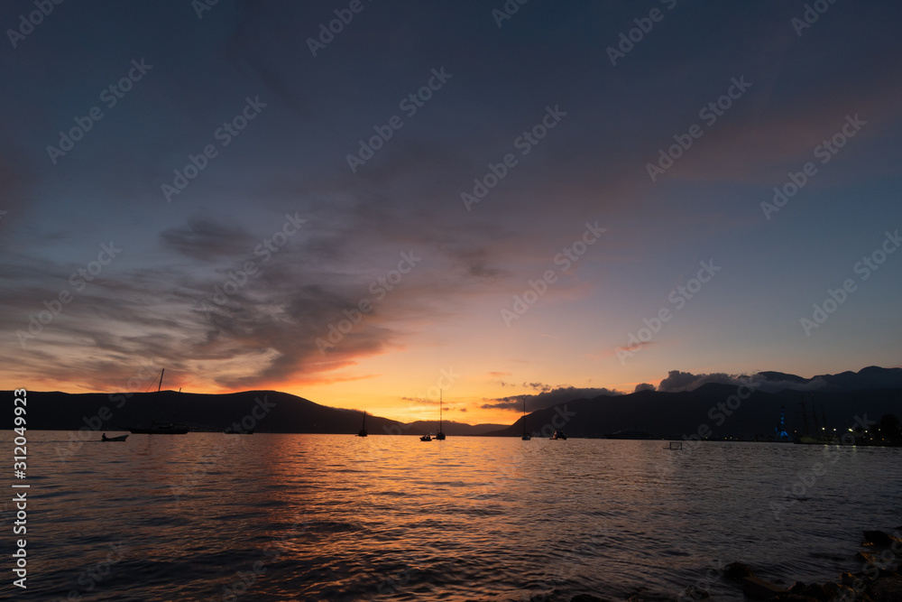 Sunset in Kotor Bay. Tivat, Montenegro
