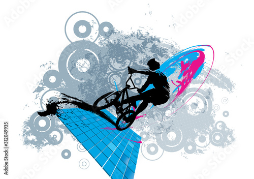 Active man. BMX rider in abstract sport landscape background, vector.
