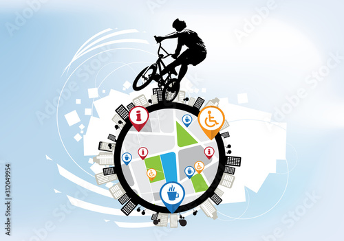 Active man. BMX rider in abstract sport landscape background, vector.