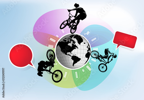 Active man. BMX rider in abstract sport landscape background, vector.