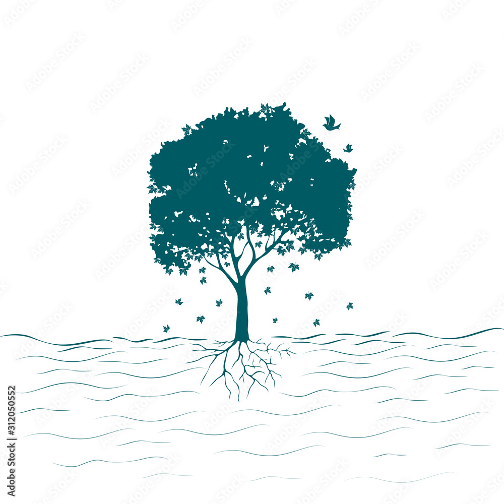 Canvas Print Sycamore tree, fallen leaves and bird. Vector illustration.