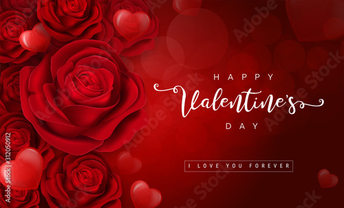 Valentine's day greeting card templates with realistic of beautiful red rose on background 