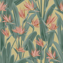 Deken met foto Tropische bloemen patronen Strelitzia reginae tropical flower vector seamless pattern. Jungle exotic tropical plant fabric design. South African plant tropical blossom of crane flower, strelitzia. Floral wallpaper.  © SunwArt