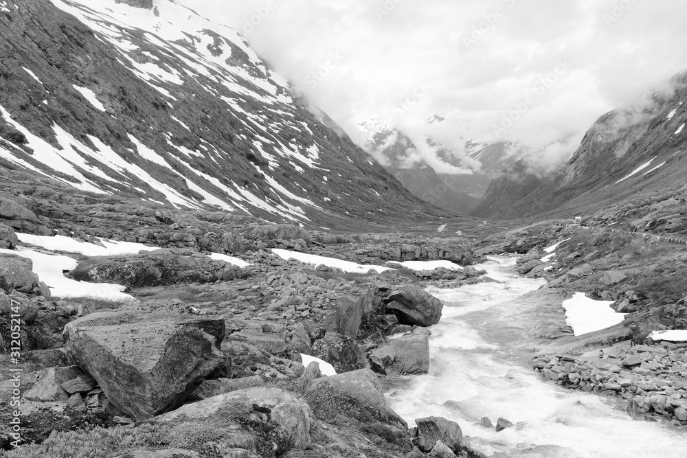 Norway mountain valley. Black and white vintage toned.