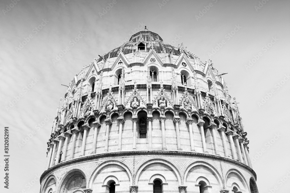 Pisa Baptistry, Italy. Black and white vintage toned.