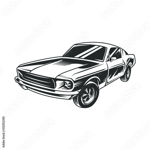 Old american muscle car illustration black and 