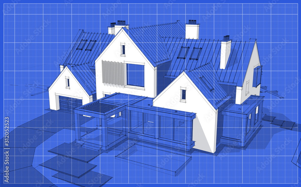 3d rendering of modern cozy clinker house on the ponds with garage and pool for sale or rent. Black line sketch with white spot on blueprint background 3d rendering of modern cozy clinker house on the ponds with garage and pool for sale or rent. Black line sketch with white spot on blueprint background