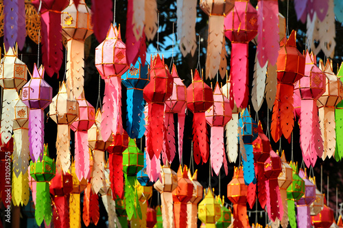 Colorful paper lanterns at a buddhist temple in Chiang Mai, Thailand