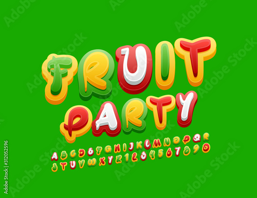 Vector Colorful Logo Fruit Party. Playful Kids Font. Bright Alphabet Letters and Numbers