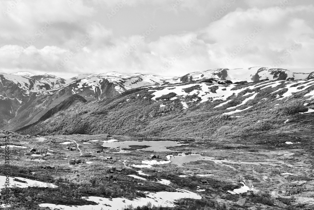 Hordaland landscape, Norway. Black and white vintage toned.
