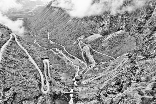 Troll Road, Norway. Black and white vintage toned.