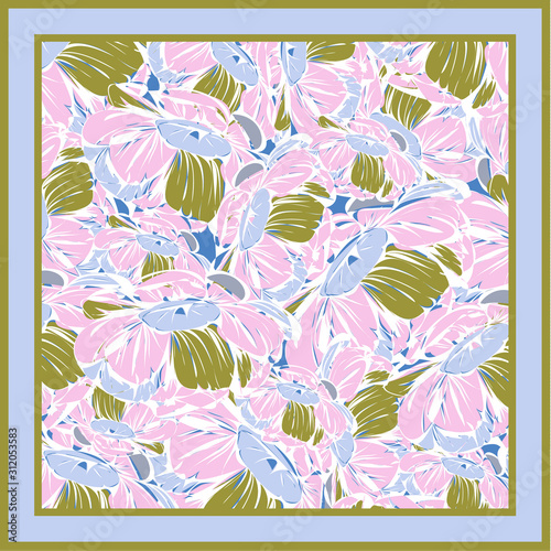 Delicate colors of silk scarf with flowering peony. Hand drawn design.
