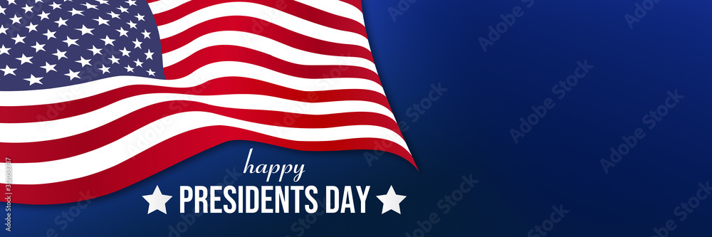 President's day celebration. 3D render of wavy American Flag and President Day text. Plus copy space on dark blue background.