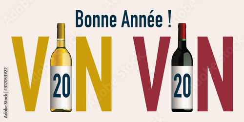 Concept de carte de vœux 2020 originale pour le monde viticole, avec deux bouteilles qui associent le chiffre 20 avec le mot vin.