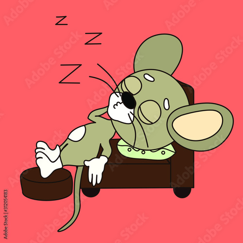 sleeping mouse with Zzz sign above his head, lying on an armchair, legs resting on an ottoman, color vector emoticon in cartoon style