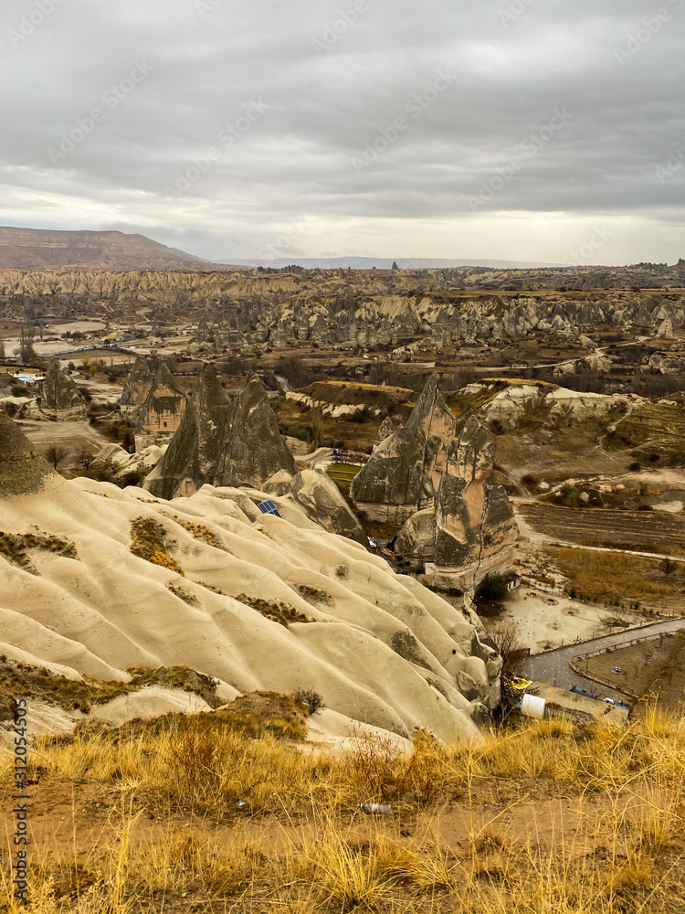 Valley of old geological formations in the form of rocks. A popular tourist destination. The place where they fly in balloons. Cappadocia. Turkey. November 5, 2019.