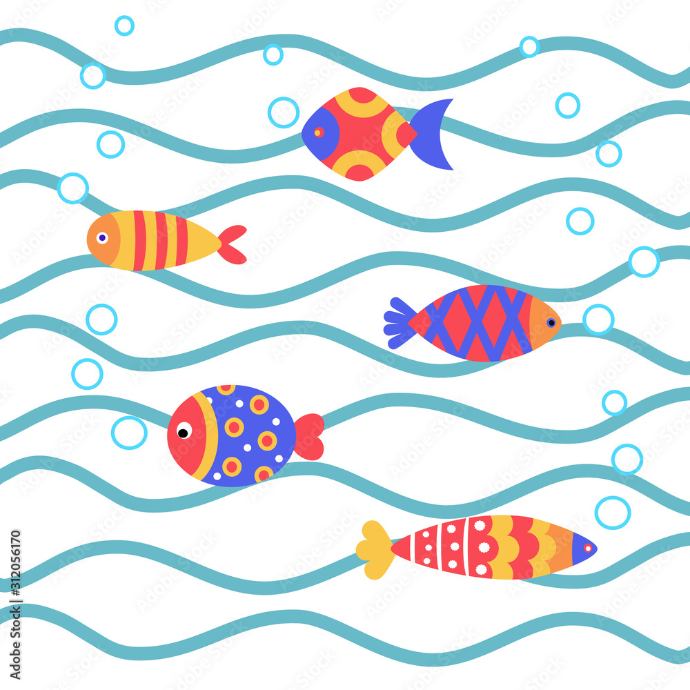 Hand drawn fishes in ocean wave. Doodle fishes vector illustration on white background. Hand drawn fishes in ocean wave. Doodle fishes vector illustration on white background.