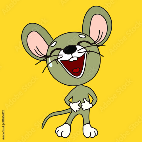 ha-ha emoticon with a funny laughing laugh mouse that stands and holds on to his stomach from nicker, color emoji on yellow isolated background