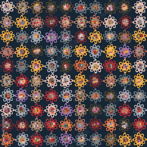 Dark floral doodle daisy vector texture. Boho flower grid seamless stylised  pattern. Hand drawn colorful variegated daisy stripe background. Textured funky retro hipster allover print swatch.