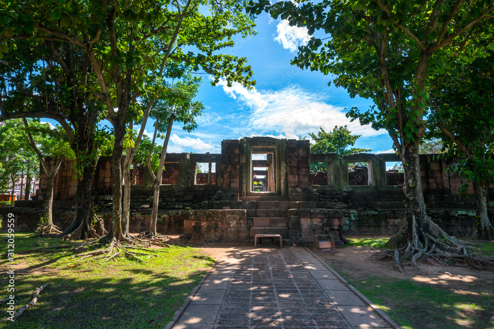 Perfect view of Prasat Hin Pimai (Pimai Historical Park) The ancient sand-stone Khmer-style temple in Nakhon Ratchasima province, Thailand,Asia.Amazing Stone castle. Perfect view of Prasat Hin Pimai (Pimai Historical Park) The ancient sand-stone Khmer-style temple in Nakhon Ratchasima province, Thailand,Asia.Amazing Stone castle.