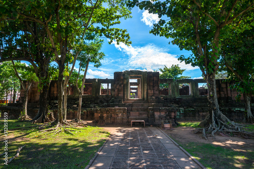 Perfect view of Prasat Hin Pimai (Pimai Historical Park) The ancient sand-stone Khmer-style temple in Nakhon Ratchasima province, Thailand,Asia.Amazing Stone castle. photo