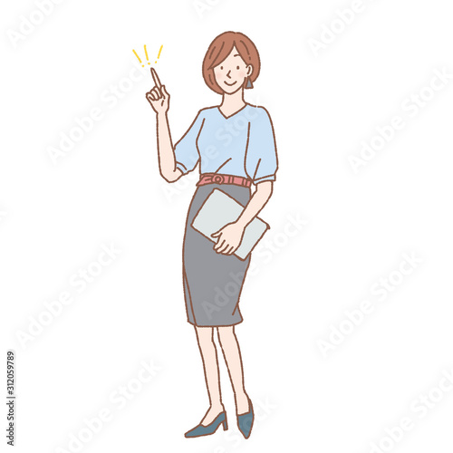 ワンポイントの仕草をする女性　全身　イラスト　