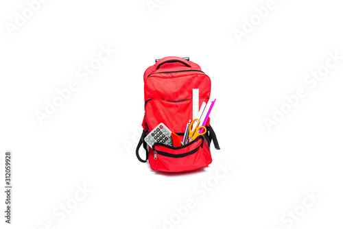 Red school backpack isolated on white background.