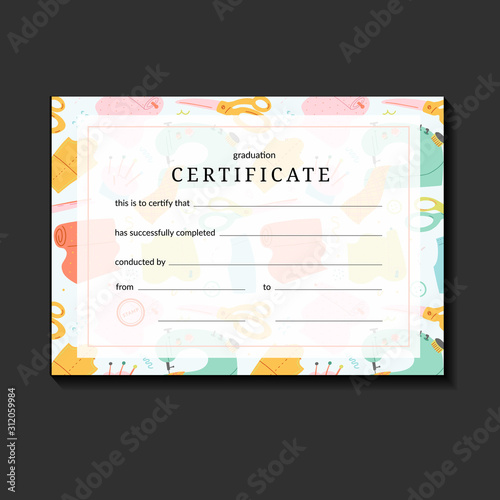 Certificate layout for sewing or crafts course, classes or workshop, vector diploma for graduation. Colorful illustrations with sewing tools. Modern simple template, ready to print.