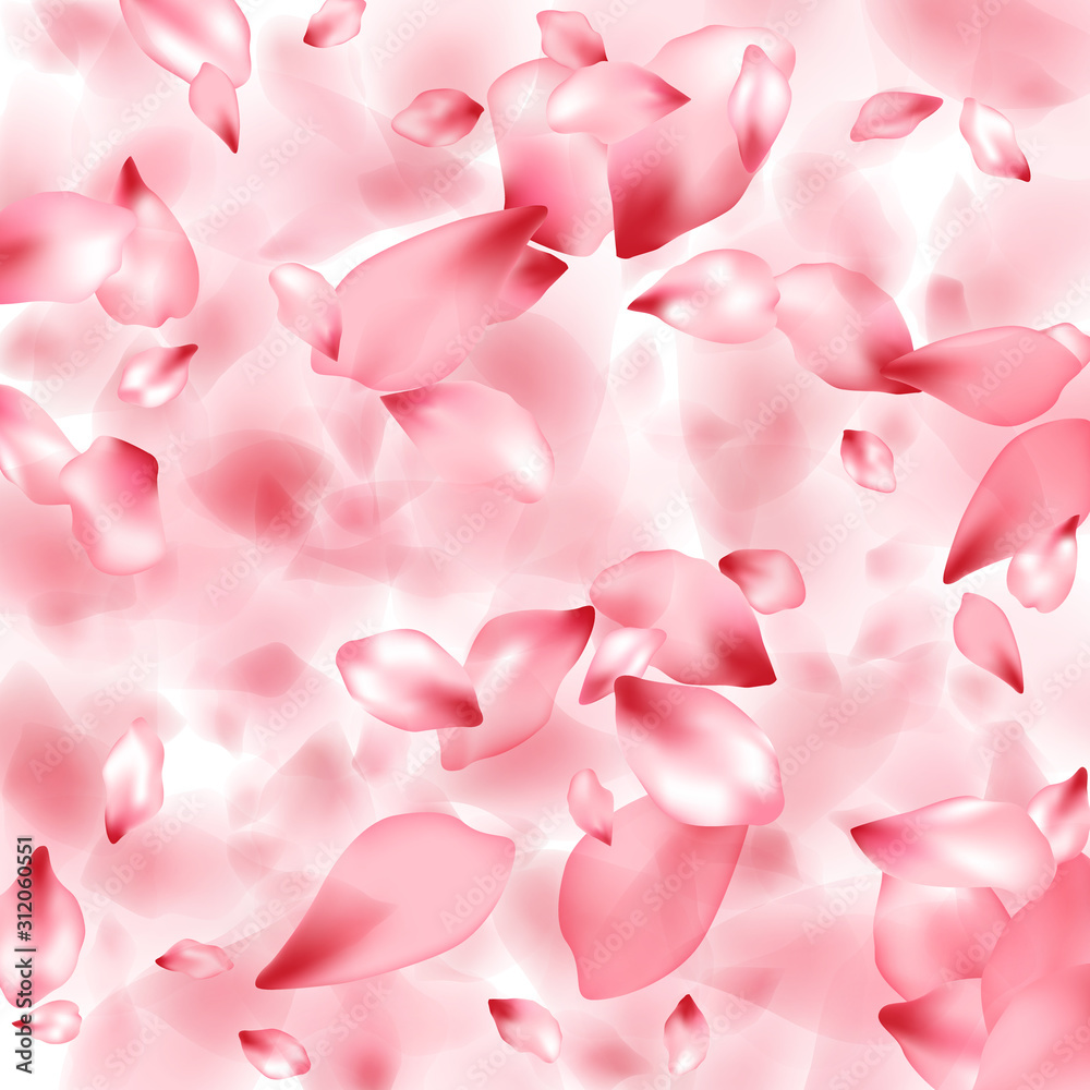 Obraz premium Pink sakura flower flying petals isolated on white vector background.