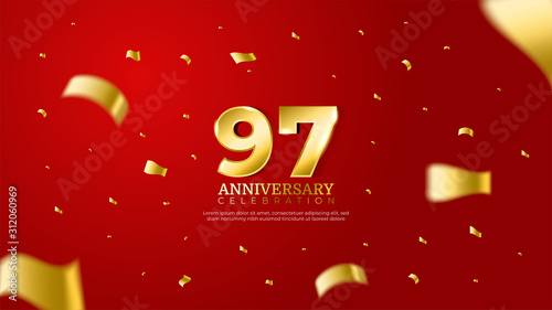 97th anniversary celebration vector red background. Golden numbers with shadow and sparkling confetti modern and elegant design for wedding party event decoration. Editable vector EPS 10