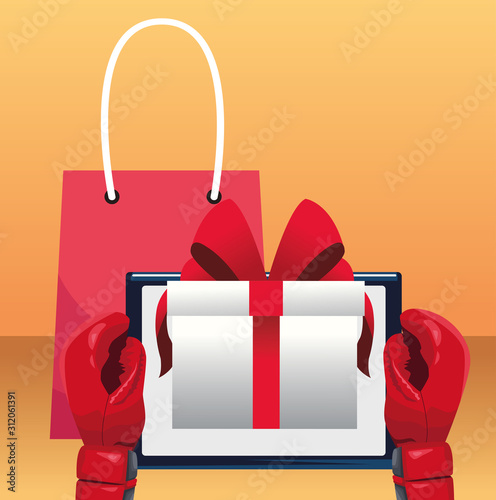 shopping bag and boxing gloves with tablet with gift box