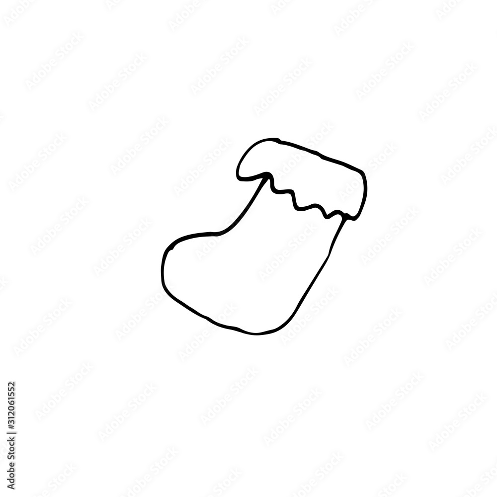 Single hand drawn Santa sock. Doodle vector illustration for greeting cards, posters, stickers and seasonal design. Isolated on white background Single hand drawn Santa sock. Doodle vector illustration for greeting cards, posters, stickers and seasonal design. Isolated on white background