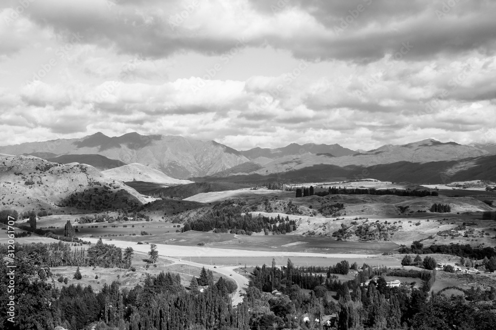 New Zealand - Otago landscape. Black and white vintage filtered style.