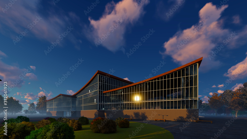 Obraz premium 3D project of multistorey business center. Summer evening.