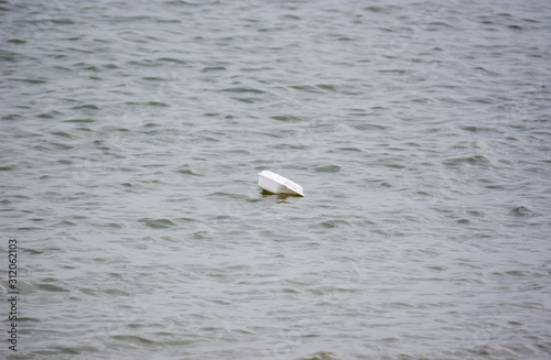 Plastic Stryfoam floating on beach water. Environmental problem of plastic rubbish pollution in ocean © Bill