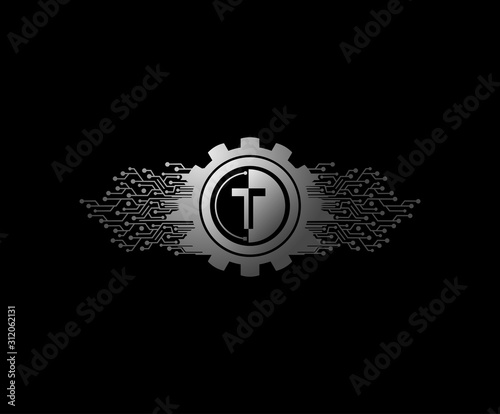 T Letter Digital Data Logo Icon with Metal Gear and Network Line Shape