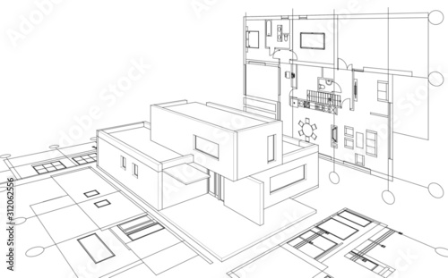 house architectural project sketch 3d illustration