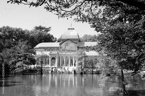 Retiro park Crystal Palace in Madrid. Black and white vintage style.