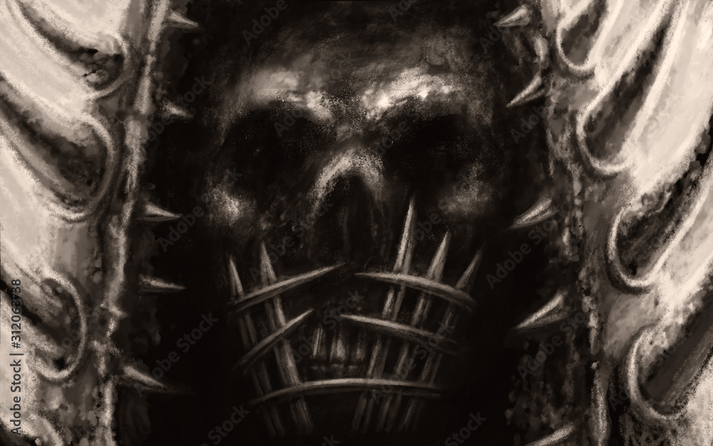 Evil skull of warrior with a muzzle of metal rods and a helmet with  daggers.. Stock Illustration