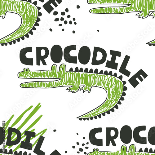 Crocodiles, hand drawn backdrop. Colorful seamless pattern with animals. Decorative cute wallpaper, good for printing. Overlapping background vector. Design illustration