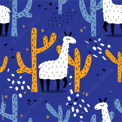 Lamas, cactuses,  hand drawn backdrop. Colorful seamless pattern with animals, cacti. Decorative cute wallpaper, good for printing. Overlapping background vector, happy alpacas. Llama