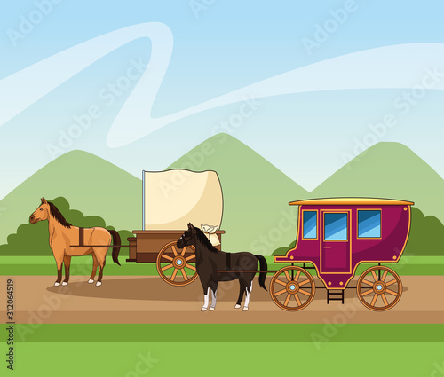 horses classics carriage over landscape background