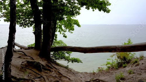 Gdynia cliff in Poland, a log where wedding couples take pictures captured with full frame camera and gimbal with scenery in the background. Dark clouds before storm.