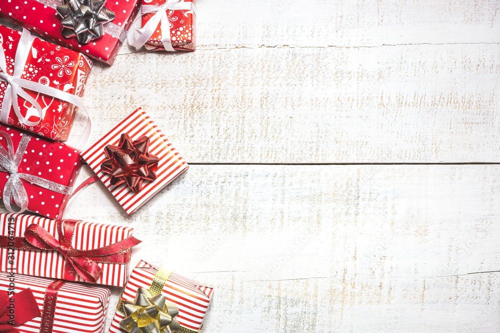 Fototapeta premium Different gift boxes on white wooden table