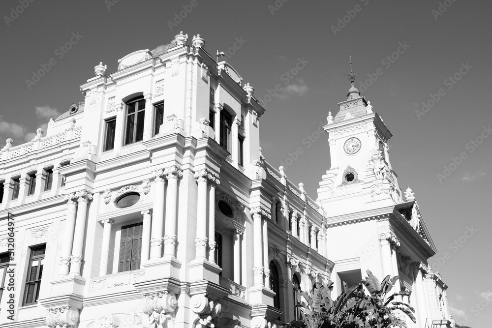 Malaga town, Spain. Vintage toned black and white style.