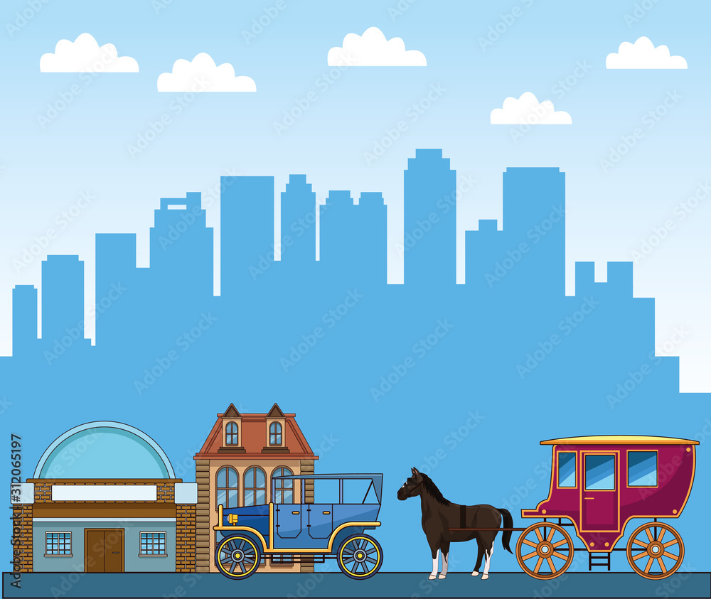 classic buildings and horses carriage over urban city background