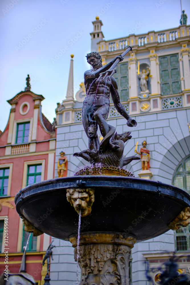 Fototapeta premium Details of Neptune's fountain in Gdańsk, Impressions from Gdańsk (Danzig in German) a port city on the Baltic coast of Poland