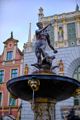 Details of Neptune's fountain in Gdańsk, Impressions from Gdańsk (Danzig in German) a port city on the Baltic coast of Poland