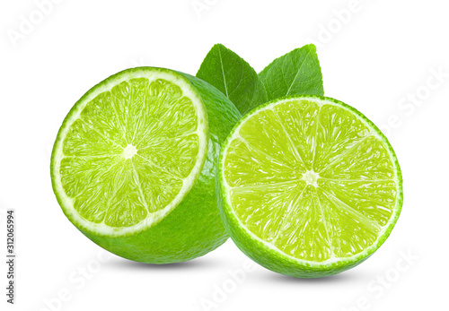 slice lime with leaf isolated on white background