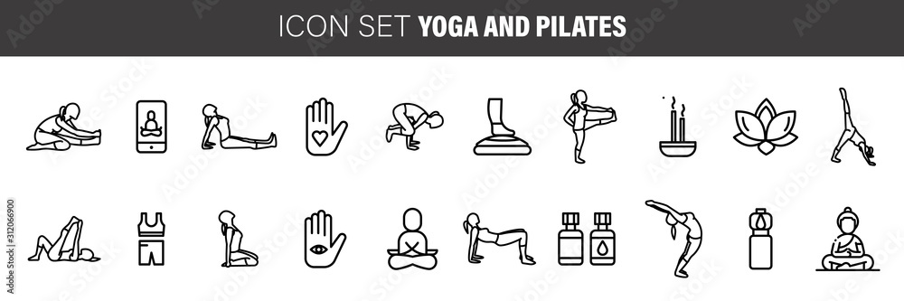 yoga and pilates line icons, signs set, vector. Pilates outline concept - obrazy, fototapety, plakaty 